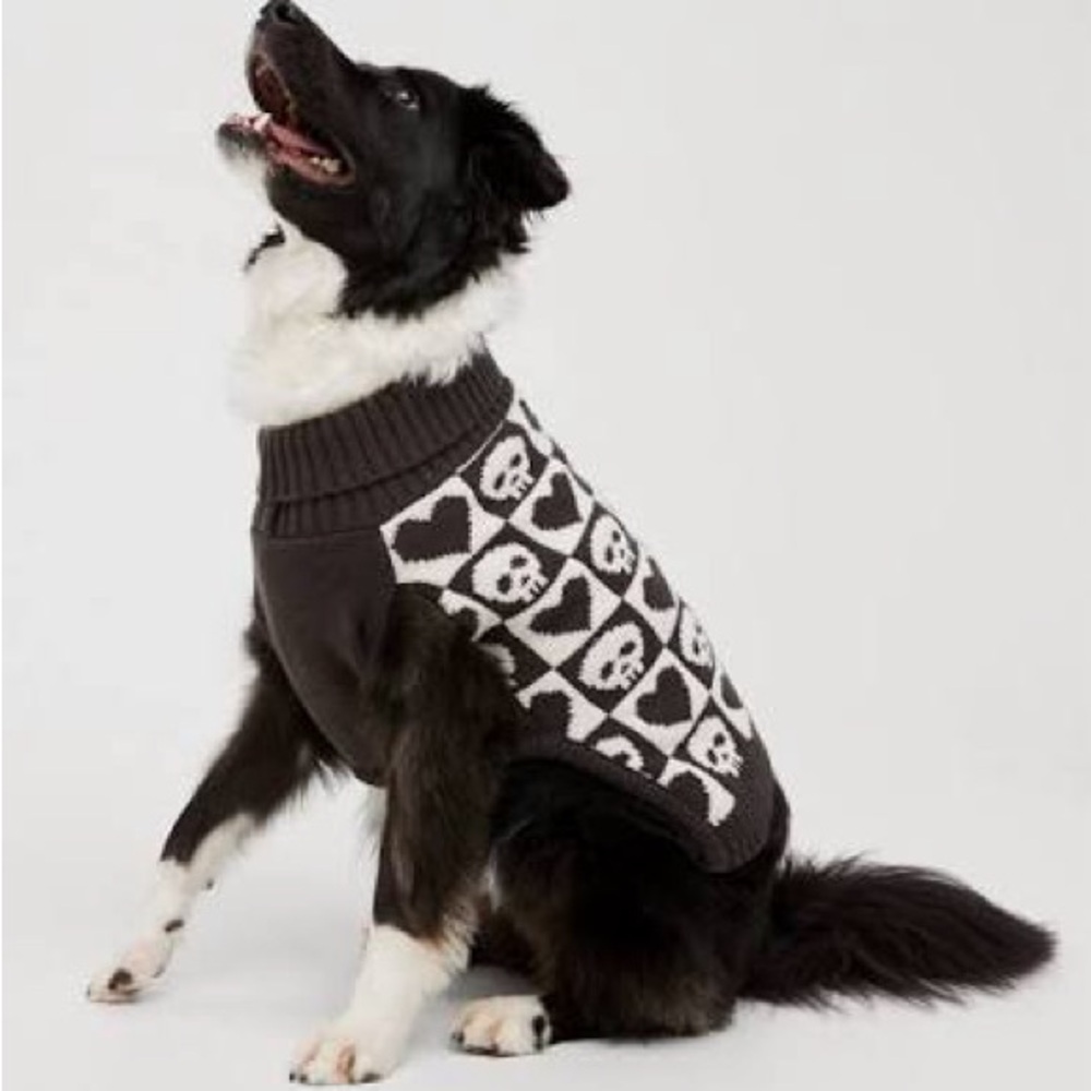 AE Black and White Skull Heart Checkered Dog Sweater NWT